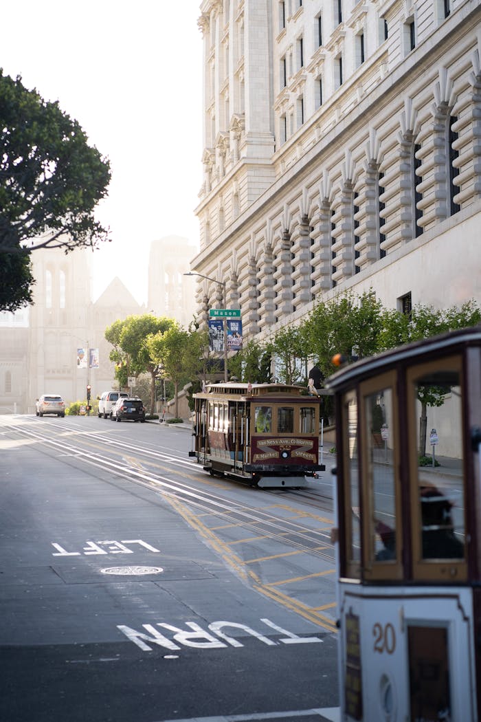Classic San Francisco street view featuring iconic cable cars and urban architecture.